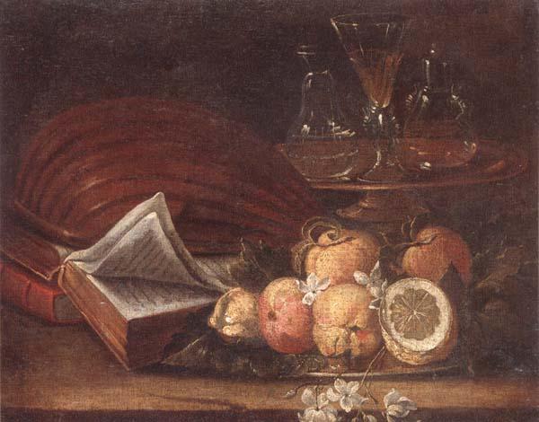 unknow artist Still life of a lute,books,apples and lemons,together with a gilt tazza with a wine glass and decanters,all upon a stone ledge Germany oil painting art